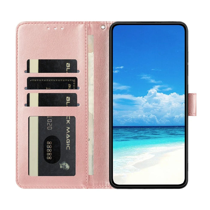 For iPhone 15 Case Butterfly Imprinted Wallet Stand PU Leather Flip Phone Cover with Strap - Rose Gold - 3