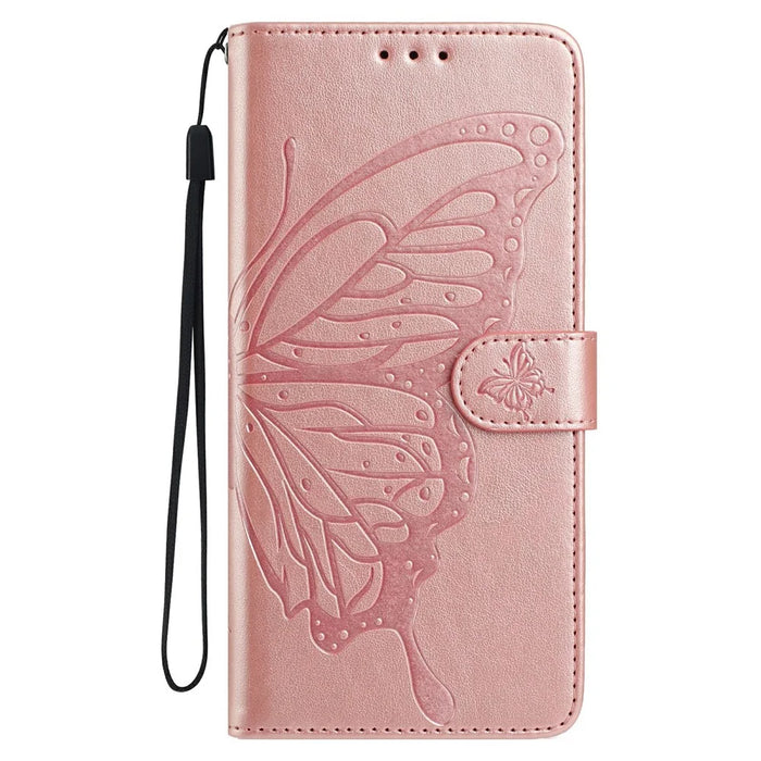 For iPhone 15 Case Butterfly Imprinted Wallet Stand PU Leather Flip Phone Cover with Strap - Rose Gold - 4