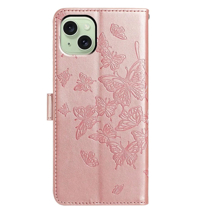 For iPhone 15 Case Butterfly Imprinted Wallet Stand PU Leather Flip Phone Cover with Strap - Rose Gold - 5