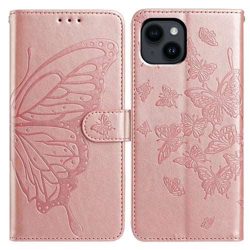 For iPhone 14 Case Butterfly Imprinted Wallet Stand PU Leather Flip Phone Cover with Strap - Rose Gold - 1