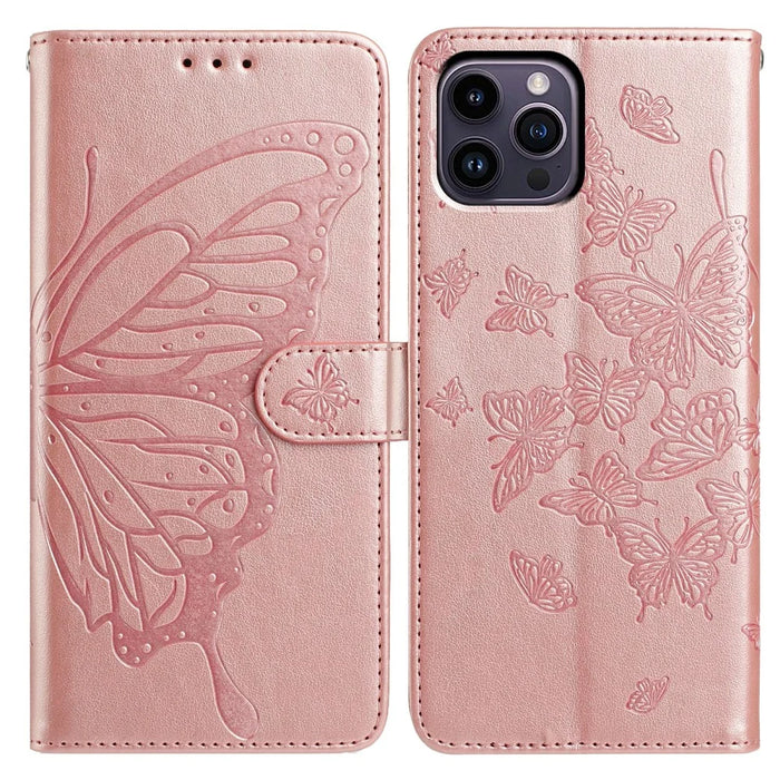 For iPhone 14 Pro Case Butterfly Imprinted Wallet Stand PU Leather Flip Phone Cover with Strap - Rose Gold - 1