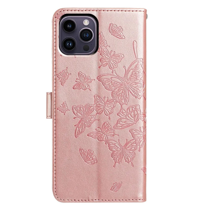 For iPhone 14 Pro Case Butterfly Imprinted Wallet Stand PU Leather Flip Phone Cover with Strap - Rose Gold - 5