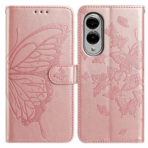 For Samsung Galaxy S25 Edge Case Butterfly Imprinted Wallet Stand PU Leather Flip Phone Cover with Strap - Rose Gold - 1