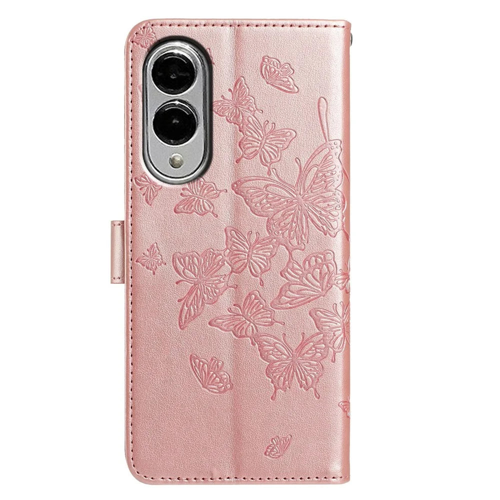 For Samsung Galaxy S25 Edge Case Butterfly Imprinted Wallet Stand PU Leather Flip Phone Cover with Strap - Rose Gold - 5