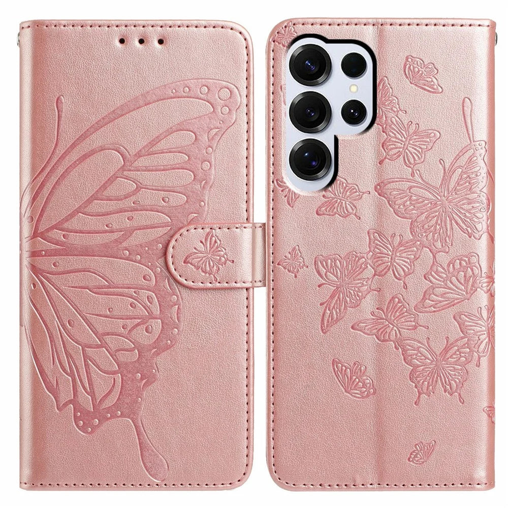 For Samsung Galaxy S25 Ultra Case Butterfly Imprinted Wallet Stand PU Leather Flip Phone Cover with Strap - Rose Gold - 1
