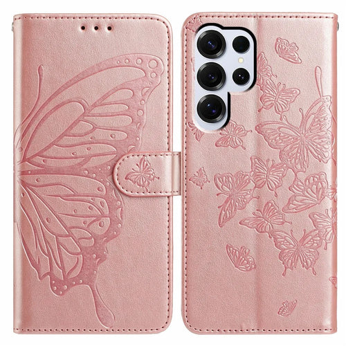 For Samsung Galaxy S25 Ultra Case Butterfly Imprinted Wallet Stand PU Leather Flip Phone Cover with Strap - Rose Gold - 1