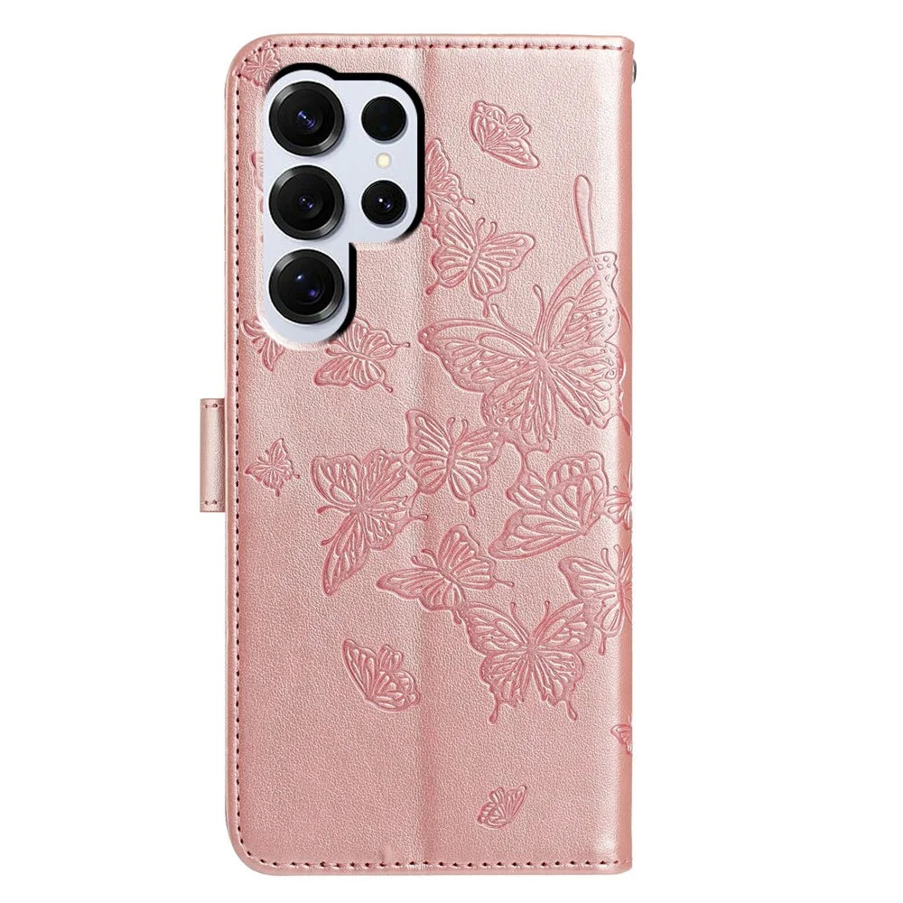 For Samsung Galaxy S25 Ultra Case Butterfly Imprinted Wallet Stand PU Leather Flip Phone Cover with Strap - Rose Gold - 5