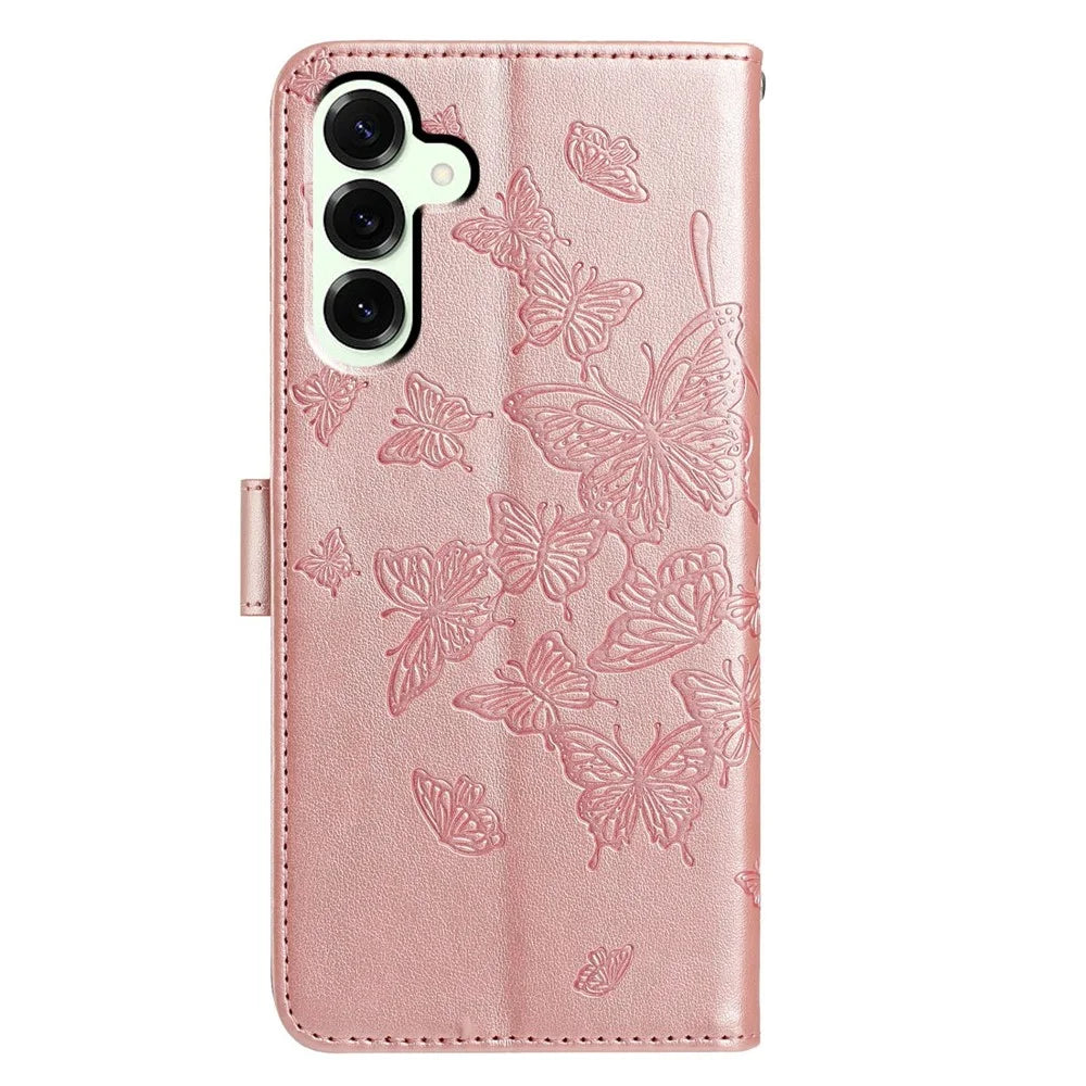 For Samsung Galaxy S25+ Case Butterfly Imprinted Wallet Stand PU Leather Flip Phone Cover with Strap - Rose Gold - 5