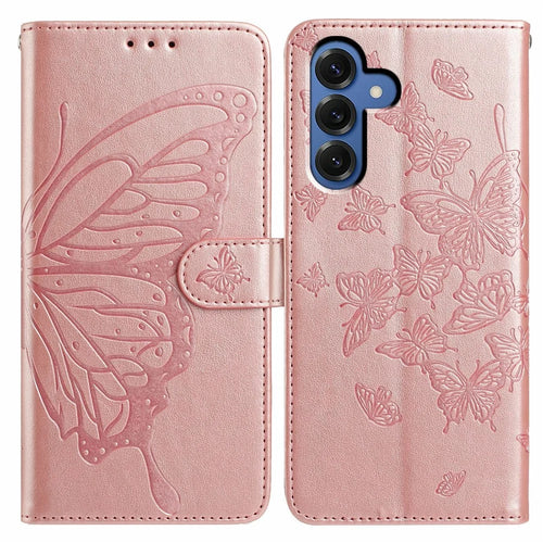 For Samsung Galaxy S25 Case Butterfly Imprinted Wallet Stand PU Leather Flip Phone Cover with Strap - Rose Gold - 1