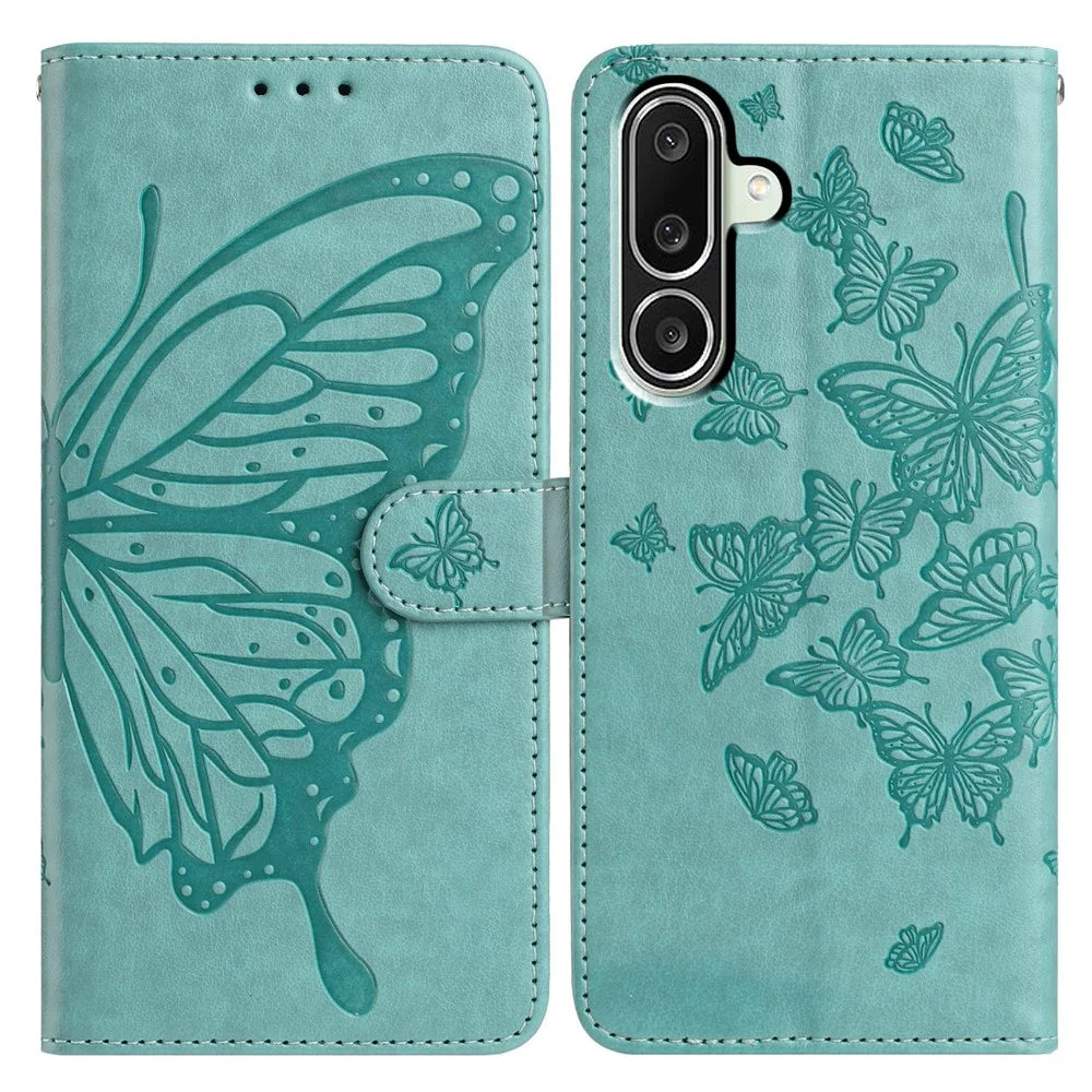 For Samsung Galaxy M56 5G Case Butterfly Imprinted Wallet Stand PU Leather Flip Phone Cover with Strap - Green - 1