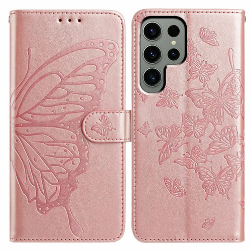 For Samsung Galaxy S24 Ultra Case Butterfly Imprinted Wallet Stand PU Leather Flip Phone Cover with Strap - Rose Gold - 1