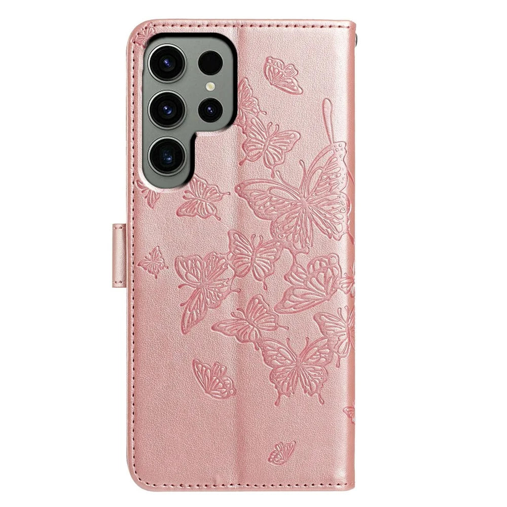 For Samsung Galaxy S24 Ultra Case Butterfly Imprinted Wallet Stand PU Leather Flip Phone Cover with Strap - Rose Gold - 5