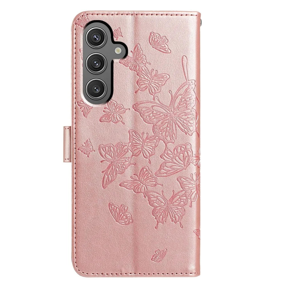 For Samsung Galaxy S24 Case Butterfly Imprinted Wallet Stand PU Leather Flip Phone Cover with Strap - Rose Gold - 5
