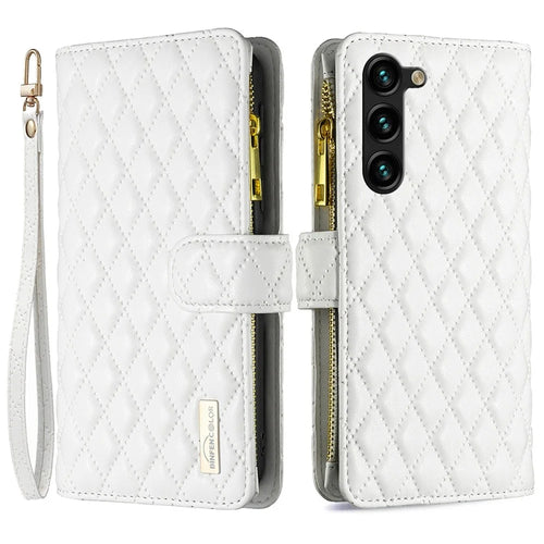 BINFEN COLOR BF Style-15 Phone Case for Samsung Galaxy S23+ Stand Imprinted Rhombus Pattern Zipper Pocket Leather Wallet Cover - White - 1