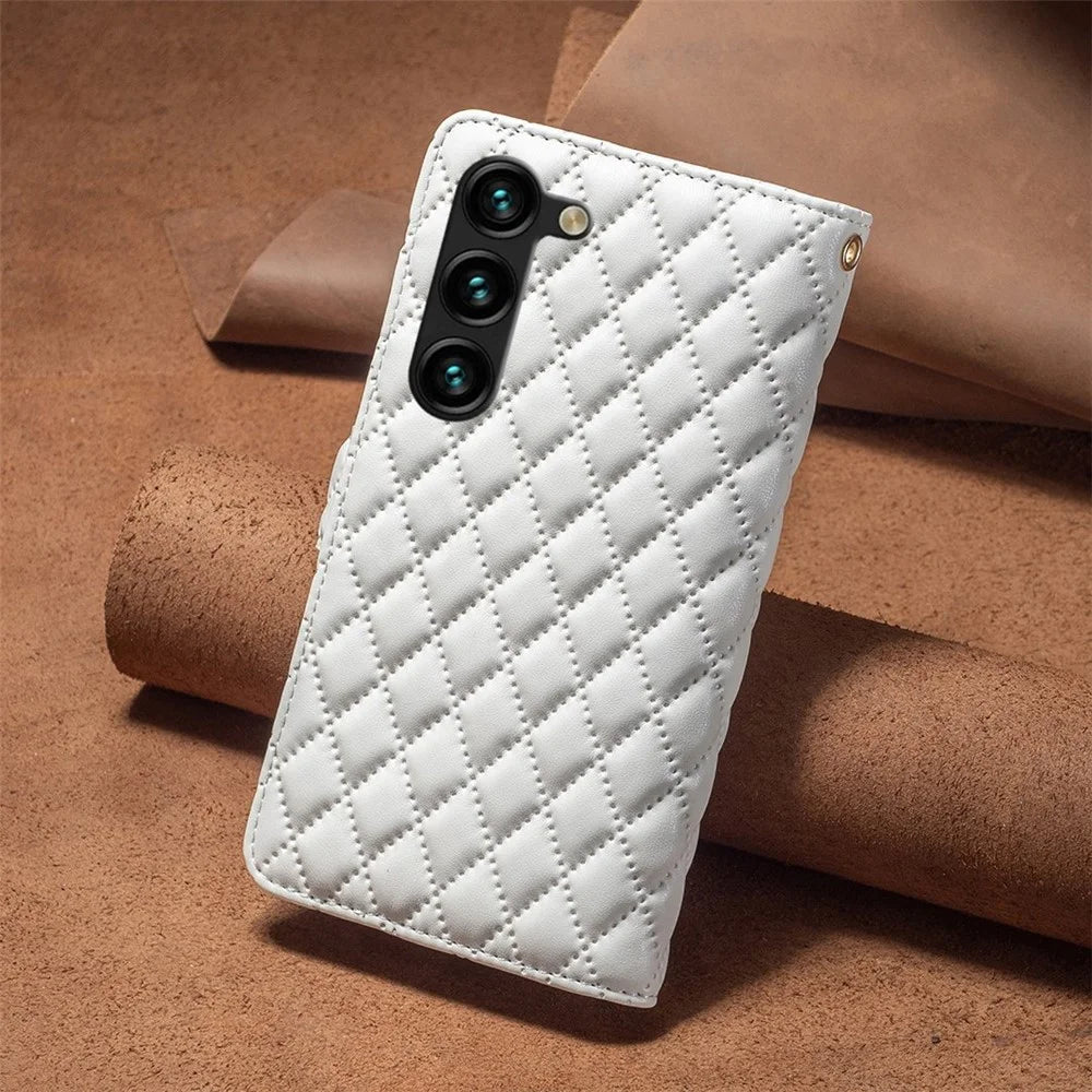 BINFEN COLOR BF Style-15 Phone Case for Samsung Galaxy S23+ Stand Imprinted Rhombus Pattern Zipper Pocket Leather Wallet Cover - White - 6