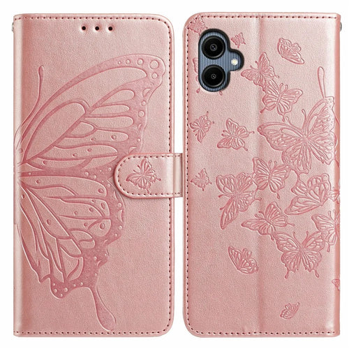 For Samsung Galaxy A05 4G Case Butterfly Imprinted Wallet Stand PU Leather Flip Phone Cover with Strap - Rose Gold - 1