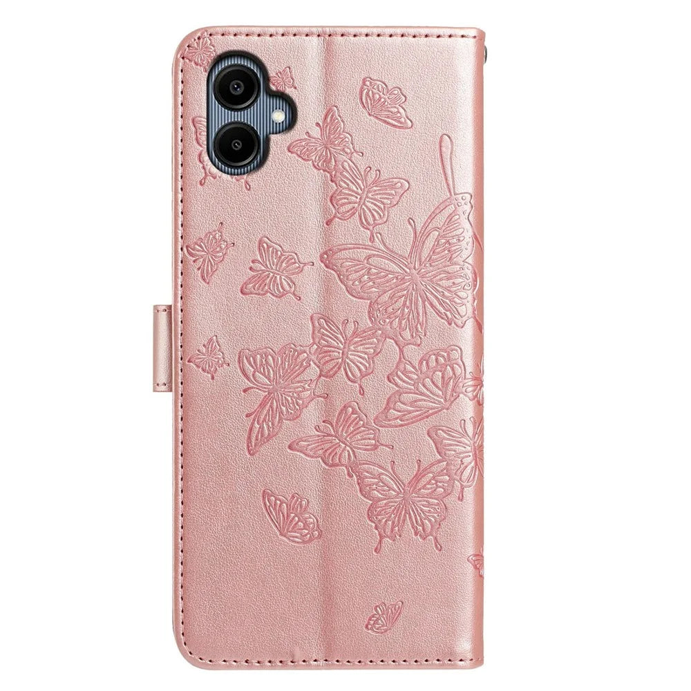 For Samsung Galaxy A05 4G Case Butterfly Imprinted Wallet Stand PU Leather Flip Phone Cover with Strap - Rose Gold - 5