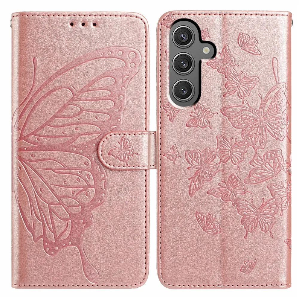 For Samsung Galaxy A05s 4G Case Butterfly Imprinted Wallet Stand PU Leather Flip Phone Cover with Strap - Rose Gold - 1