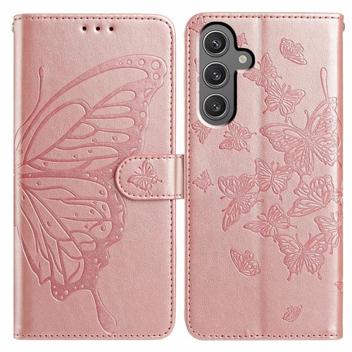 For Samsung Galaxy A15 4G / A15 5G Case Butterfly Imprinted Wallet Stand PU Leather Flip Phone Cover with Strap - Rose Gold - 1