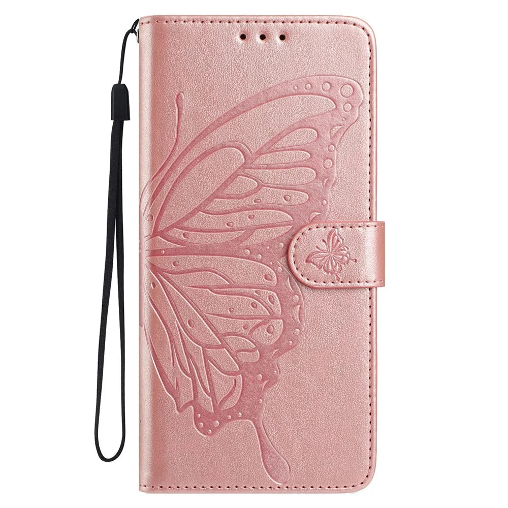 For Samsung Galaxy A35 5G Case Butterfly Imprinted Wallet Stand PU Leather Flip Phone Cover with Strap - Rose Gold - 4