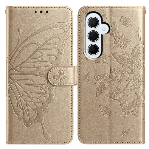 For Samsung Galaxy A55 5G Case Butterfly Imprinted Wallet Stand PU Leather Flip Phone Cover with Strap - Gold - 1