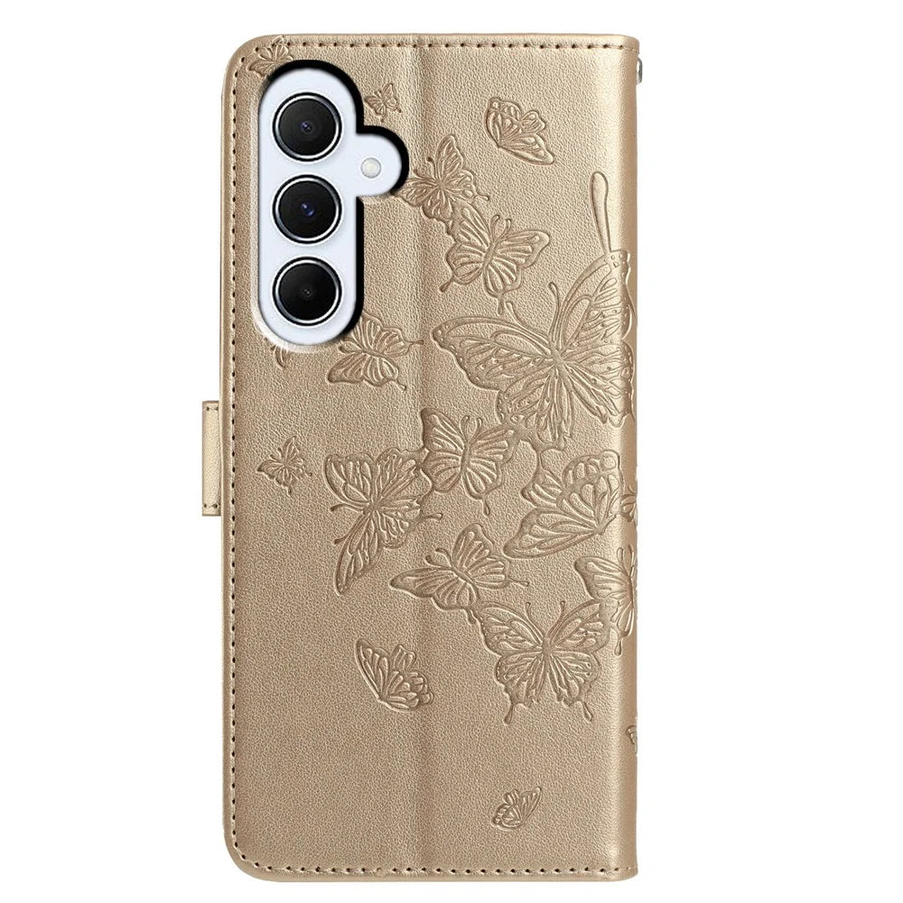 For Samsung Galaxy A55 5G Case Butterfly Imprinted Wallet Stand PU Leather Flip Phone Cover with Strap - Gold - 5