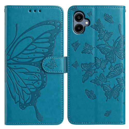 For Samsung Galaxy A06 5G / A06 4G Case Butterfly Imprinted Wallet Stand PU Leather Flip Phone Cover with Strap - Blue - 1