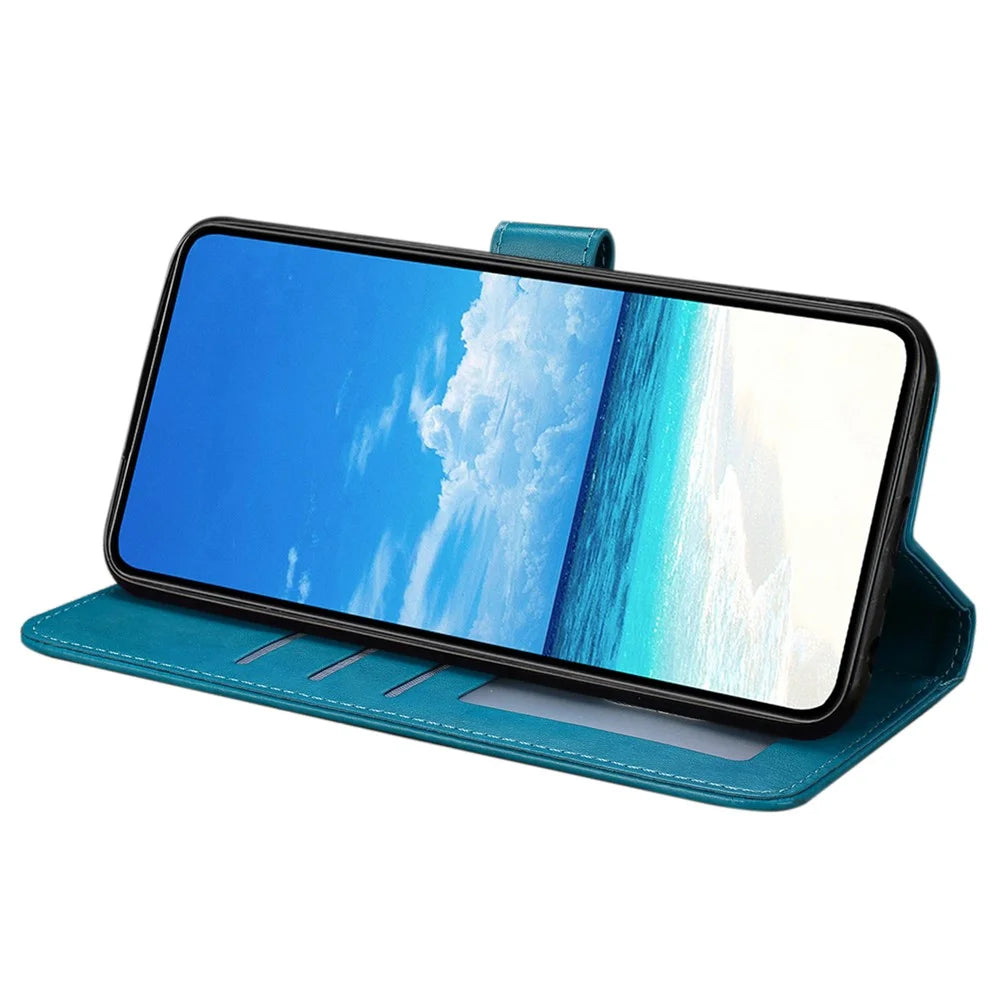 For Samsung Galaxy A06 5G / A06 4G Case Butterfly Imprinted Wallet Stand PU Leather Flip Phone Cover with Strap - Blue - 2