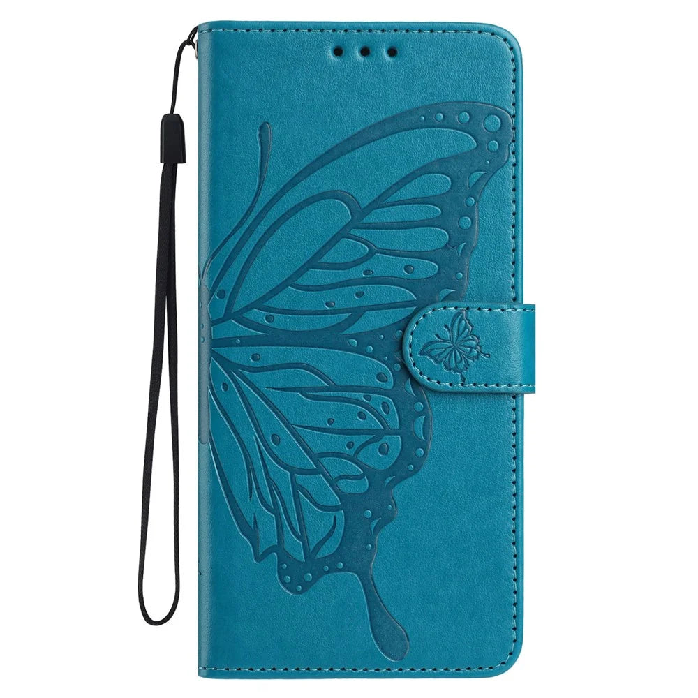For Samsung Galaxy A06 5G / A06 4G Case Butterfly Imprinted Wallet Stand PU Leather Flip Phone Cover with Strap - Blue - 4