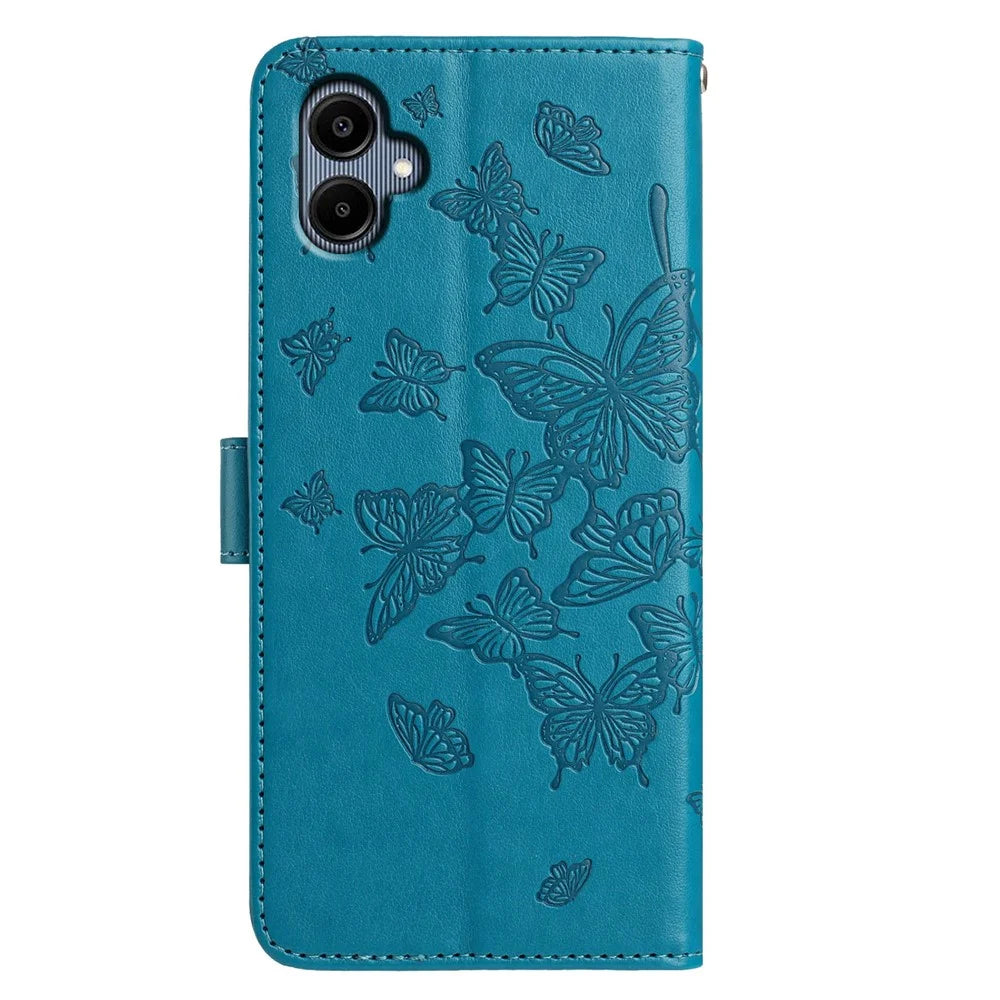 For Samsung Galaxy A06 5G / A06 4G Case Butterfly Imprinted Wallet Stand PU Leather Flip Phone Cover with Strap - Blue - 5
