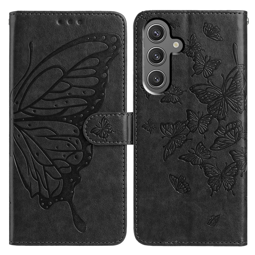 For Samsung Galaxy A16 5G / A16 4G Case Butterfly Imprinted Wallet Stand PU Leather Flip Phone Cover with Strap - Black - 1