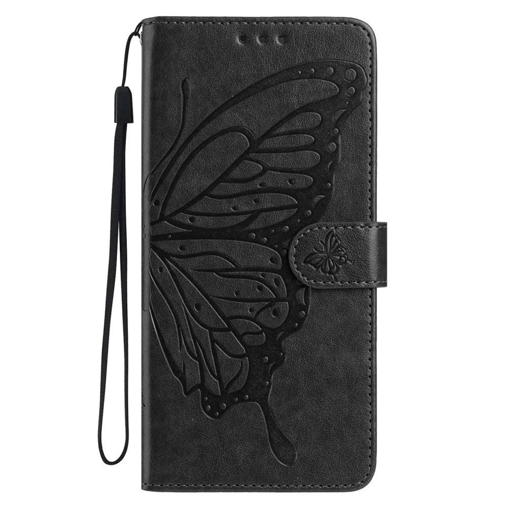 For Samsung Galaxy A16 5G / A16 4G Case Butterfly Imprinted Wallet Stand PU Leather Flip Phone Cover with Strap - Black - 4