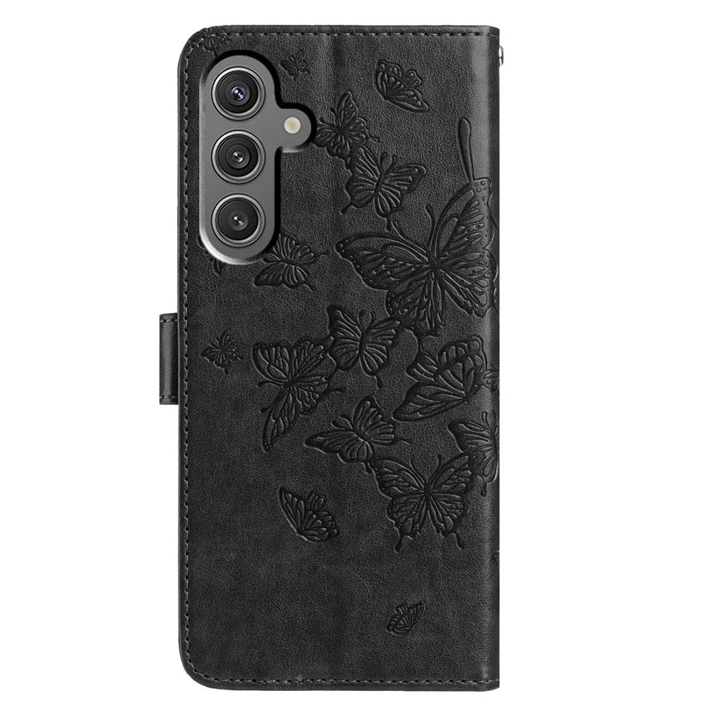 For Samsung Galaxy A16 5G / A16 4G Case Butterfly Imprinted Wallet Stand PU Leather Flip Phone Cover with Strap - Black - 5