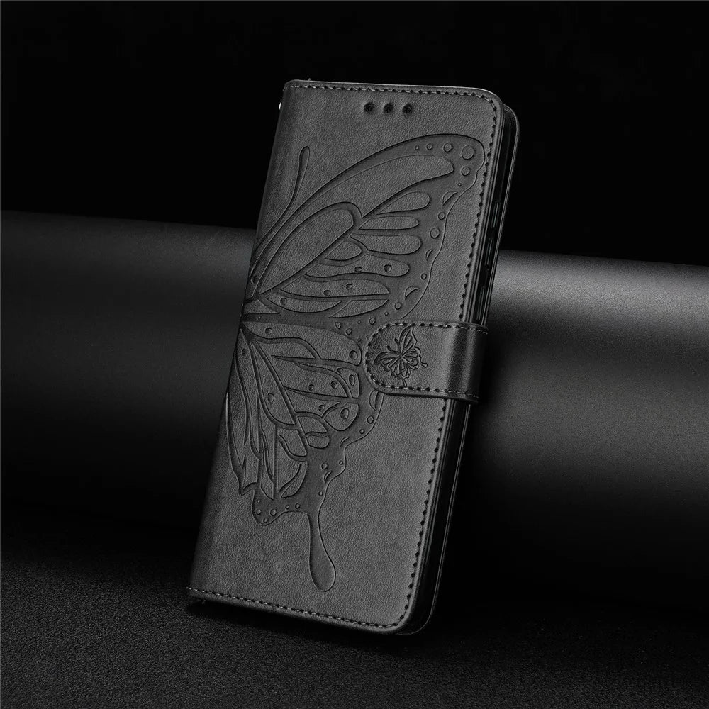 For Samsung Galaxy A16 5G / A16 4G Case Butterfly Imprinted Wallet Stand PU Leather Flip Phone Cover with Strap - Black - 6
