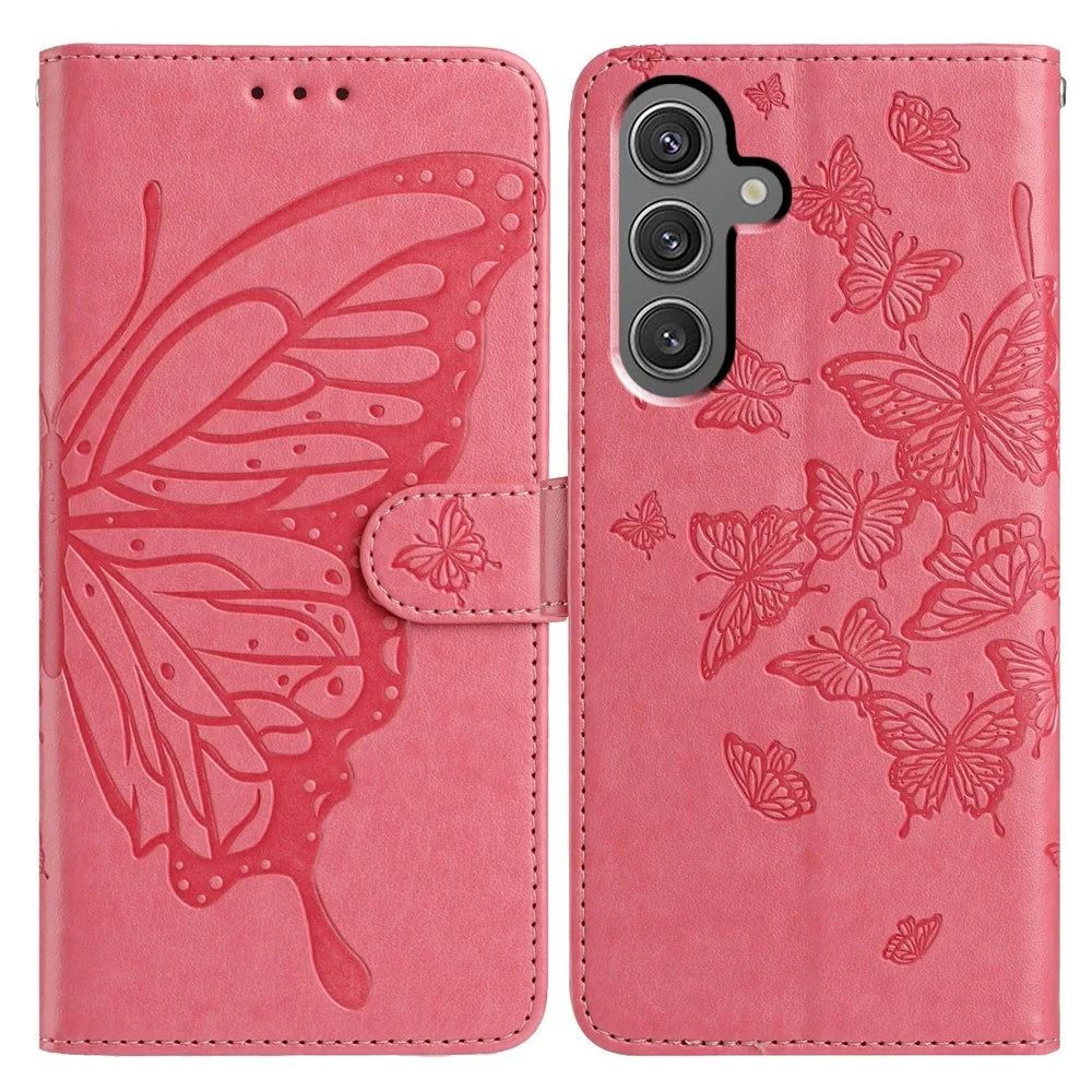 For Samsung Galaxy A36 5G Case Butterfly Imprinted Wallet Stand PU Leather Flip Phone Cover with Strap - Rose - 1