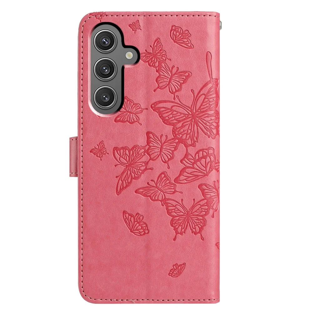 For Samsung Galaxy A36 5G Case Butterfly Imprinted Wallet Stand PU Leather Flip Phone Cover with Strap - Rose - 5