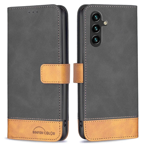 BINFEN COLOR For Samsung Galaxy A14 5G / A14 4G Case Color Splicing Skin Touch Leather Phone Cover Wallet Stand - Black - 1