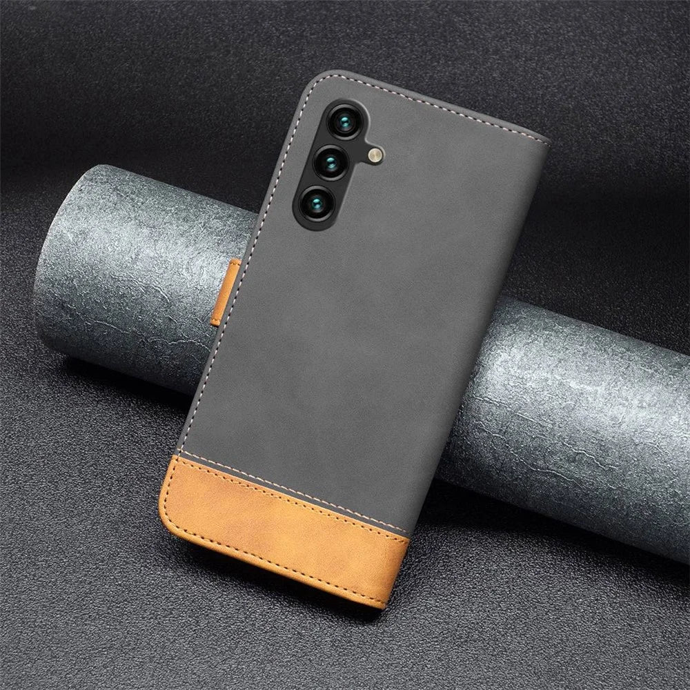 BINFEN COLOR For Samsung Galaxy A14 5G / A14 4G Case Color Splicing Skin Touch Leather Phone Cover Wallet Stand - Black - 5