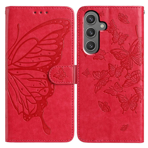 For Samsung Galaxy A56 5G Case Butterfly Imprinted Wallet Stand PU Leather Flip Phone Cover with Strap - Red - 1