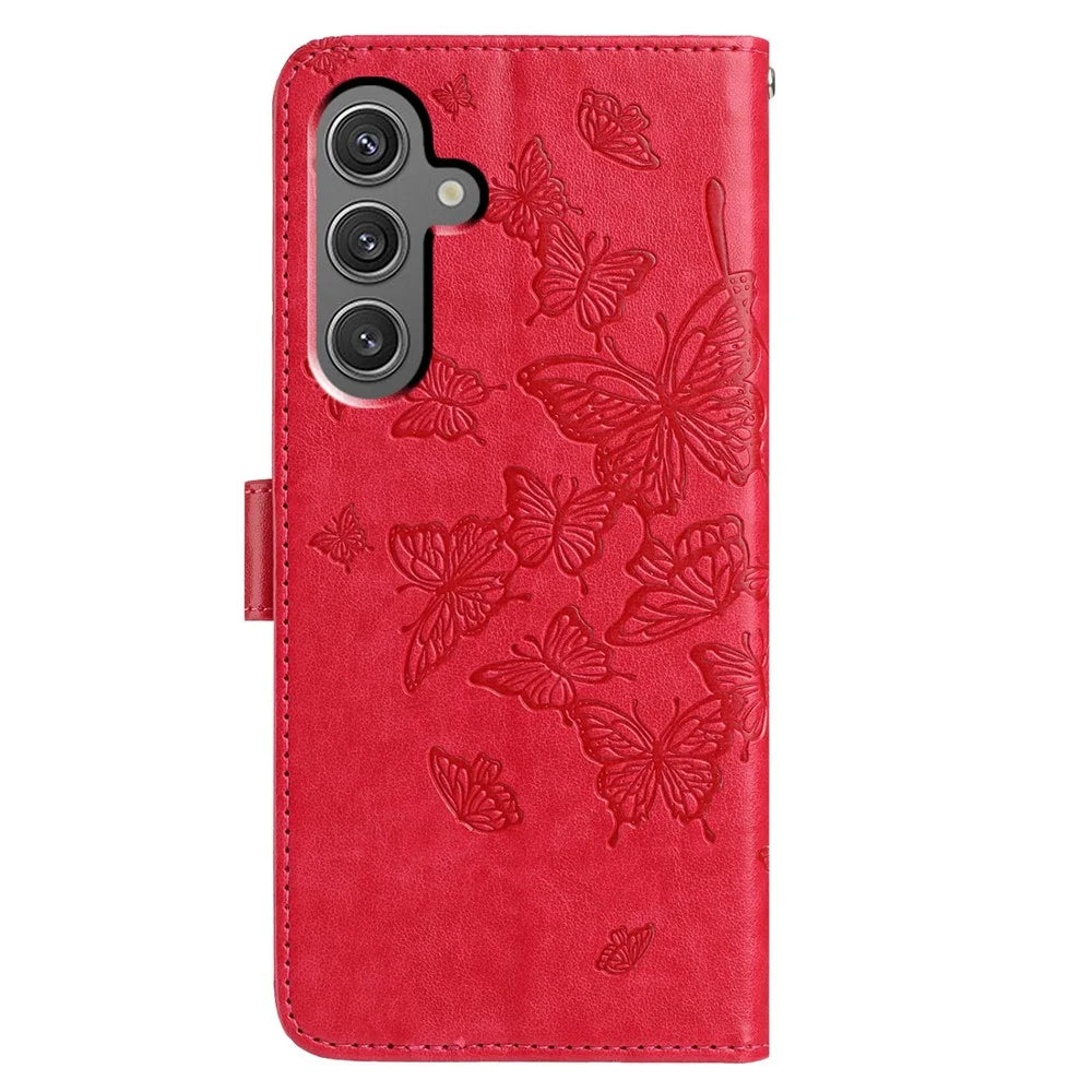 For Samsung Galaxy A56 5G Case Butterfly Imprinted Wallet Stand PU Leather Flip Phone Cover with Strap - Red - 5