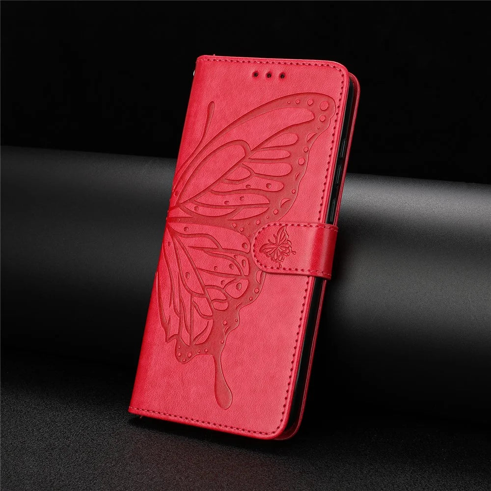 For Samsung Galaxy A56 5G Case Butterfly Imprinted Wallet Stand PU Leather Flip Phone Cover with Strap - Red - 6