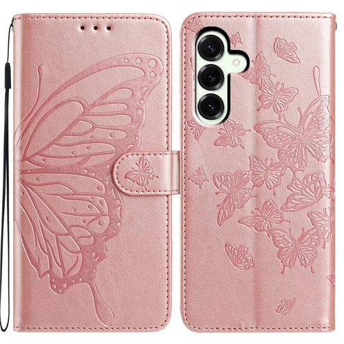 For Samsung Galaxy A18 5G / A18 4G / A17 5G / A17 4G / A26 5G Case Butterfly Imprinted Wallet Stand PU Leather Flip Phone Cover with Strap - Rose Gold - 1