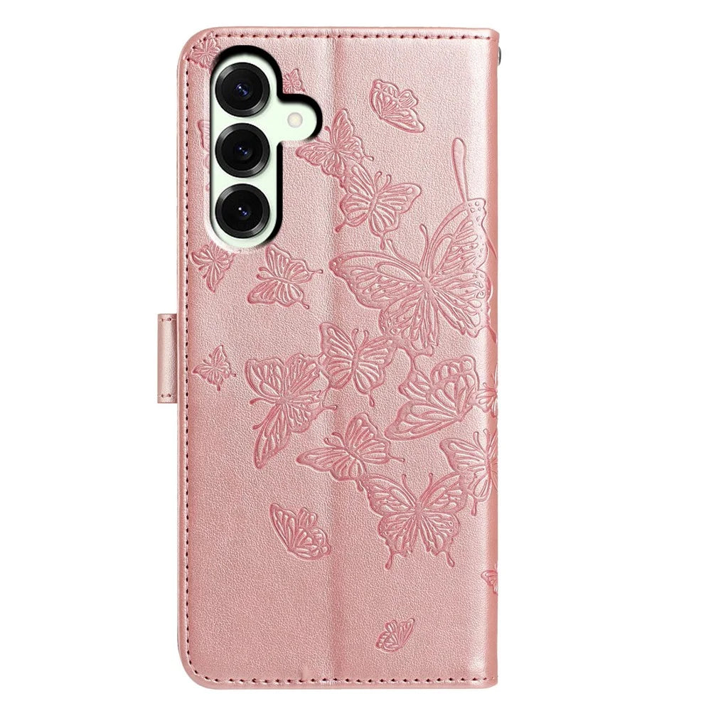 For Samsung Galaxy A18 5G / A18 4G / A17 5G / A17 4G / A26 5G Case Butterfly Imprinted Wallet Stand PU Leather Flip Phone Cover with Strap - Rose Gold - 5