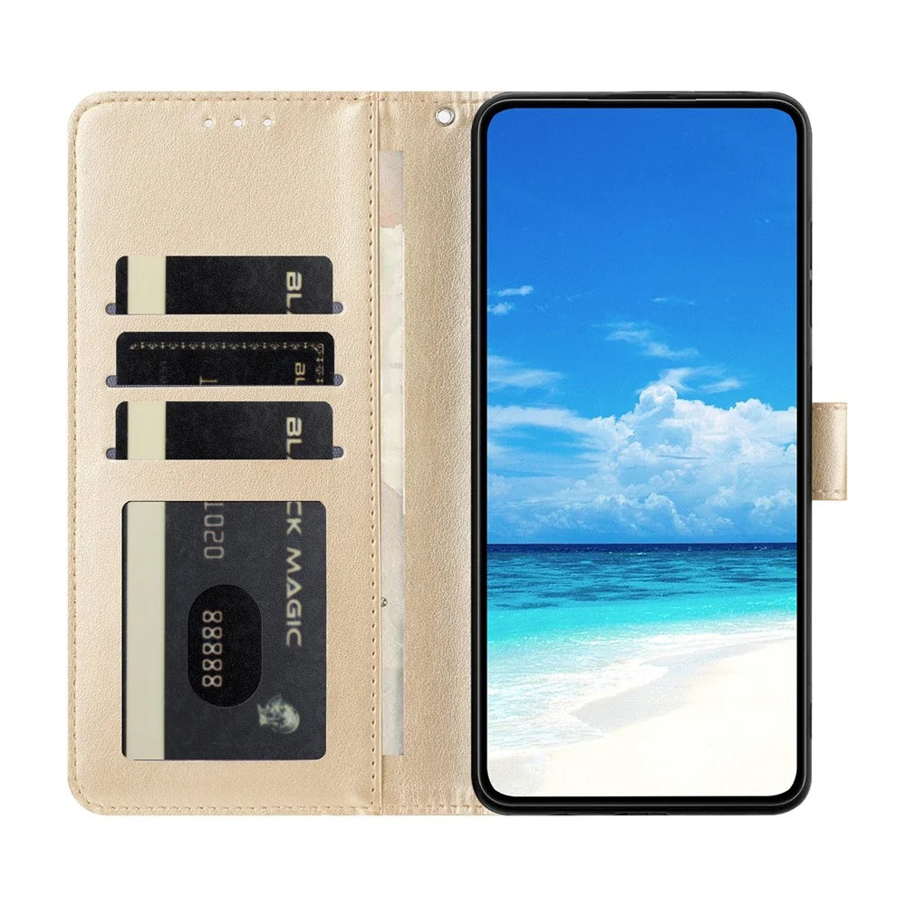 For Samsung Galaxy A08 5G / A08 4G / A07 4G Case Butterfly Imprinted Wallet Stand PU Leather Flip Phone Cover with Strap - Gold - 3