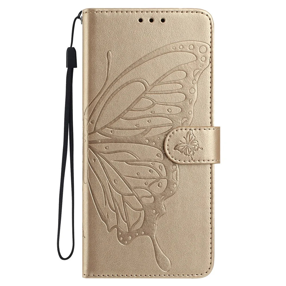 For Samsung Galaxy A08 5G / A08 4G / A07 4G Case Butterfly Imprinted Wallet Stand PU Leather Flip Phone Cover with Strap - Gold - 4