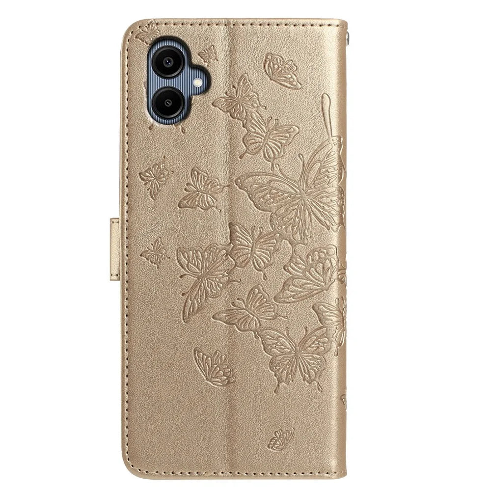 For Samsung Galaxy A08 5G / A08 4G / A07 4G Case Butterfly Imprinted Wallet Stand PU Leather Flip Phone Cover with Strap - Gold - 5