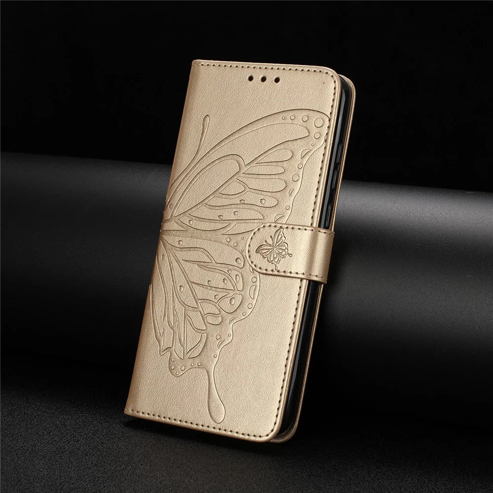For Samsung Galaxy A08 5G / A08 4G / A07 4G Case Butterfly Imprinted Wallet Stand PU Leather Flip Phone Cover with Strap - Gold - 6
