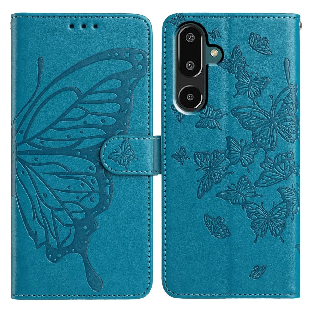 For Samsung Galaxy M16 5G / F16 5G Case Butterfly Imprinted Wallet Stand PU Leather Flip Phone Cover with Strap - Blue - 1