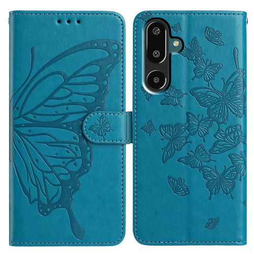 For Samsung Galaxy M16 5G / F16 5G Case Butterfly Imprinted Wallet Stand PU Leather Flip Phone Cover with Strap - Blue - 1
