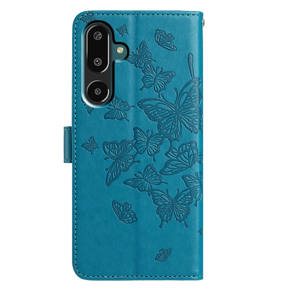 For Samsung Galaxy M16 5G / F16 5G Case Butterfly Imprinted Wallet Stand PU Leather Flip Phone Cover with Strap - Blue - 5